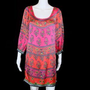 Hale Bob Silk Blend Fuchsia Pink Floral Tunic Dress Boho Women's XS